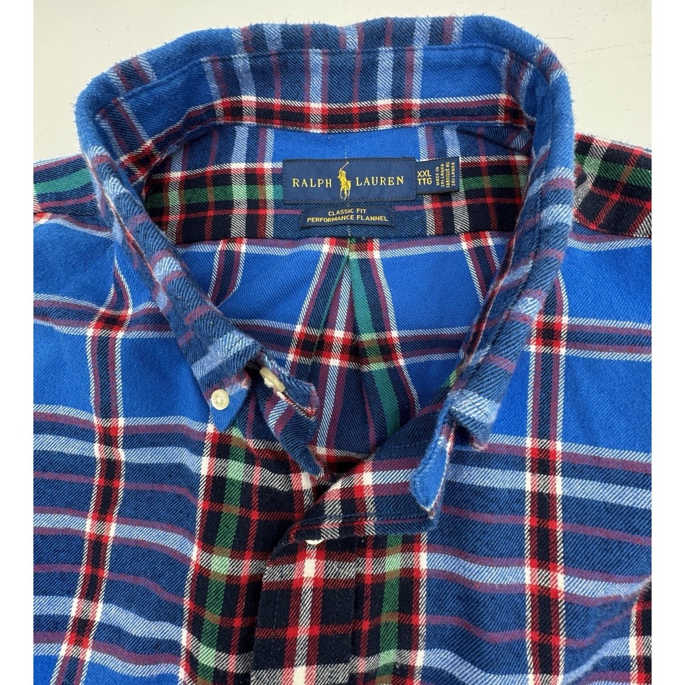 Ralph Lauren Plaid Flannel Red Pony Blue Red Green Button Down Men's XXL